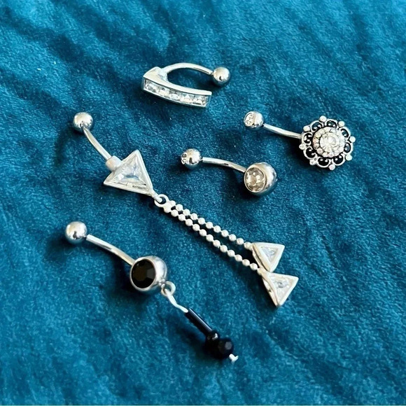 Set of 5 Jeweled Naval Piercings Stainless Steel Barbell Dangle Gems - Picture 1 of 8